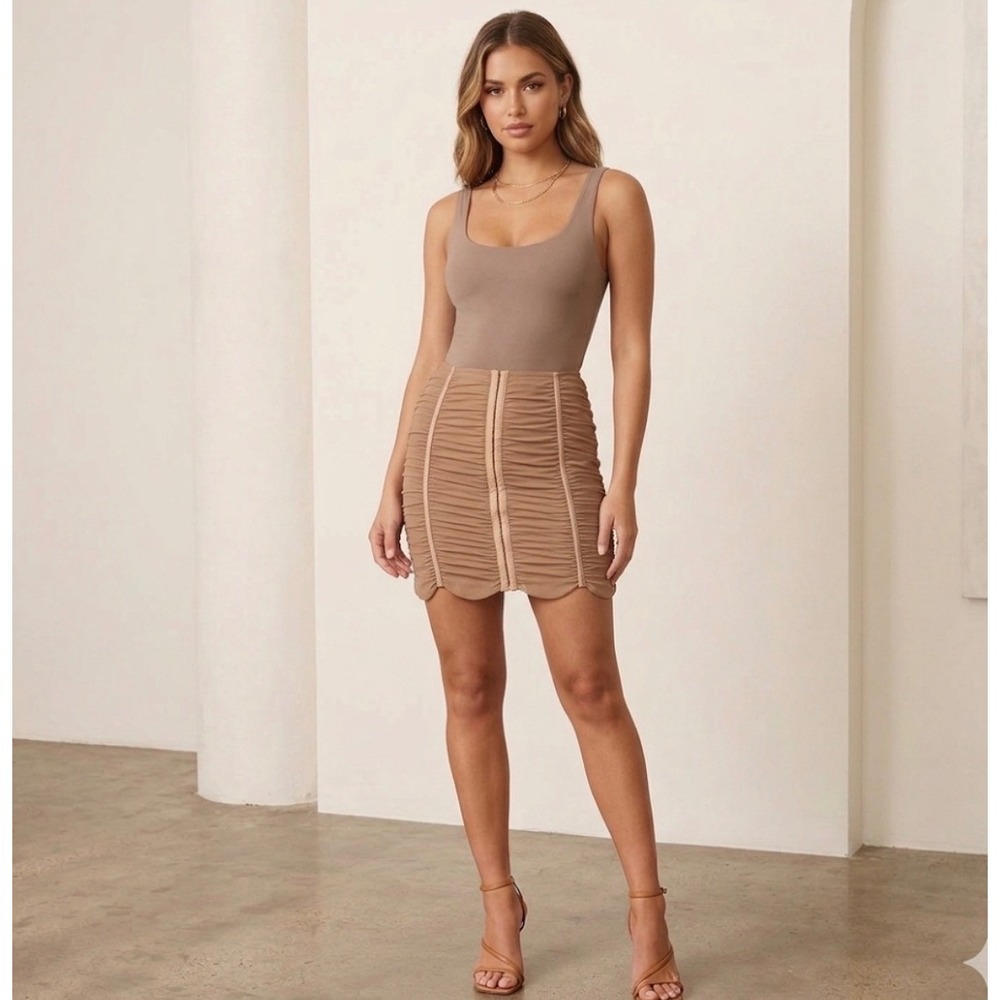 Fashion Nova XL Tan Ruched Mesh Mini Skirt Hook & Eye‎ Front Bodycon Scalloped
